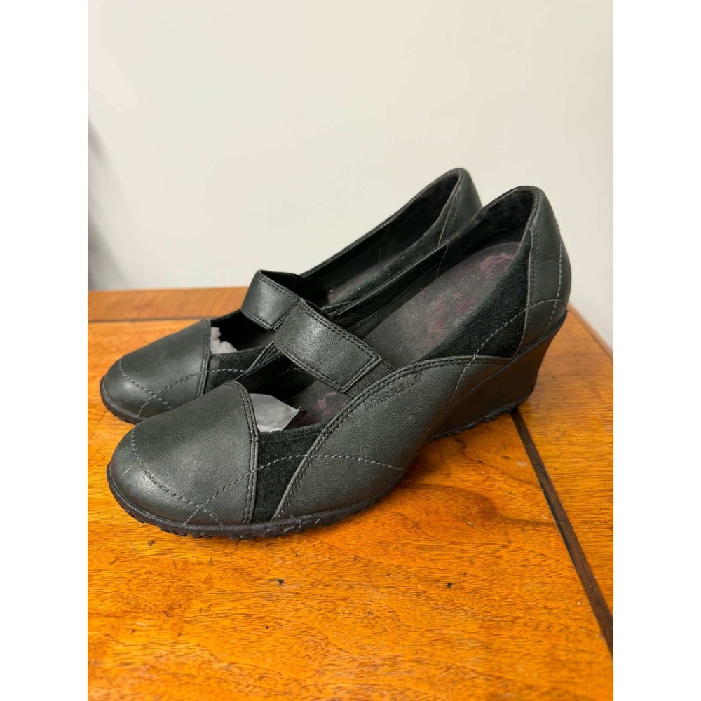 Merrell Orchid Black Leather Wedge Mary Jane Pumps Vibram Sole J46204 Womens 8